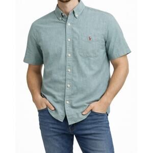 Ralph Lauren Classic Fit Linen Button-Down Shirt Green Men's L Short Sleeve